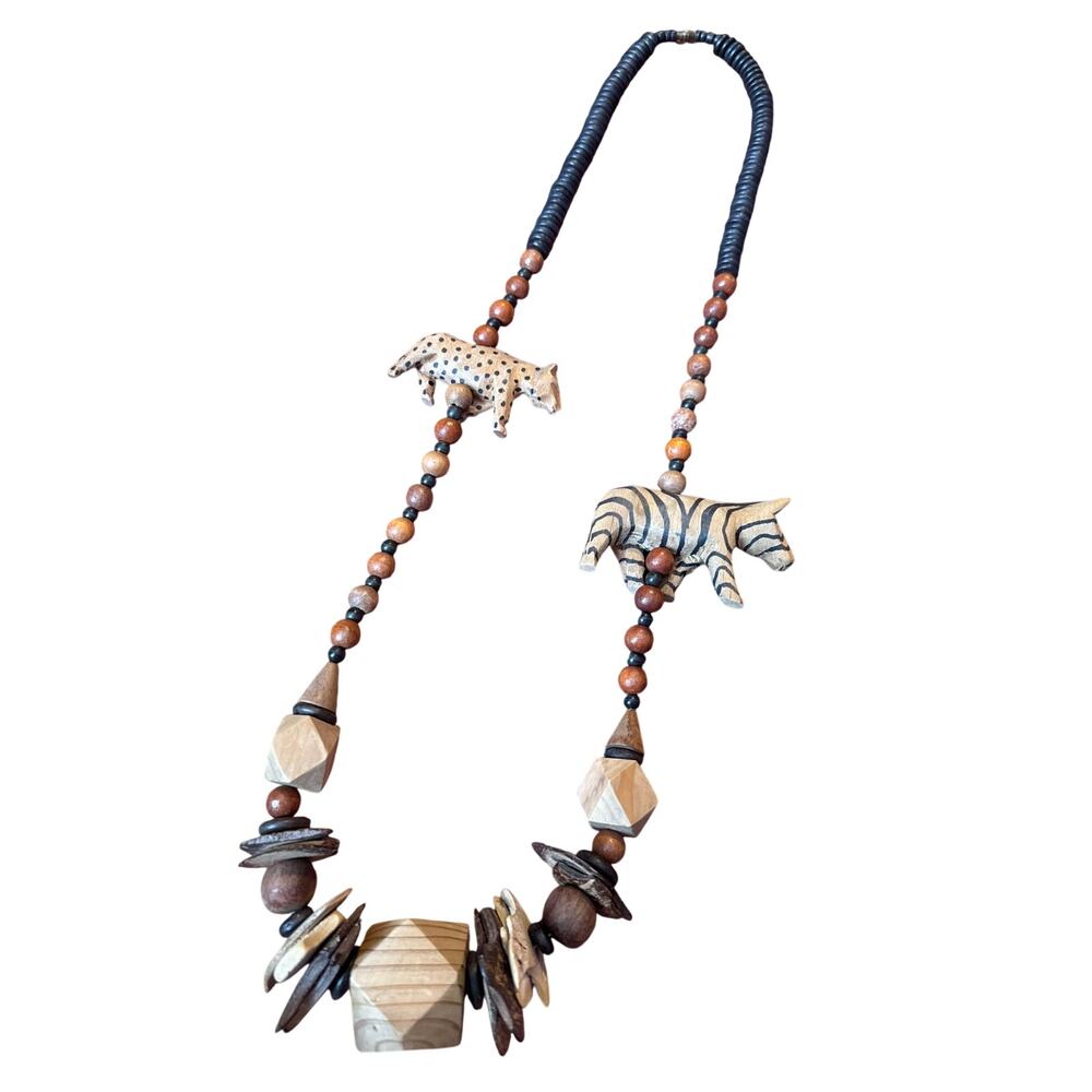 Vtg Handcrafted Primitive Folk Art‎ Safari Animal Necklace Zebra Leopard Wooden